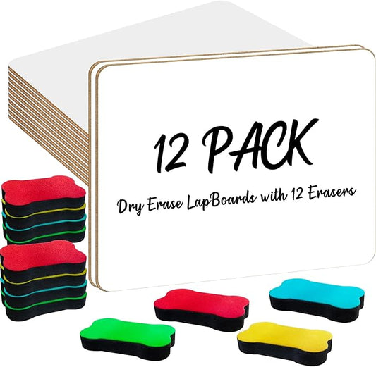 OSIMIG 12 Pack Small White Board Dry Erase, Mini Dry Erase Board 9" x12”, Double Sided Personal Whiteboards with 12 Erasers, White Boards for Students Teachers School Supplies