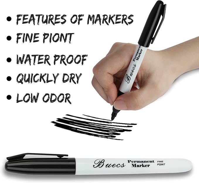 Buecs Permanent Markers, 128 Count Black Permanent Markers, Fine Point, Waterproof & Smear Proof Markers, Quick Drying, Office Supplies for School, Office, Home