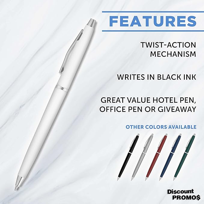 DISCOUNT PROMOS Langham Ballpoint Ink Pen - Set of 10 Writing Pens for Work - Cool Pens for Writing, Black Ink, White