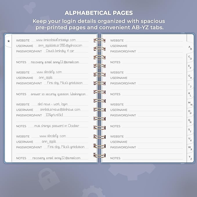 Clever Fox Password Book Spiral – Internet Address & Password Organizer with Laminated Alphabetical Tabs – Password Keeper Journal – Hardcover, Medium Size, 6.1x7.7” (Smoke Blue)