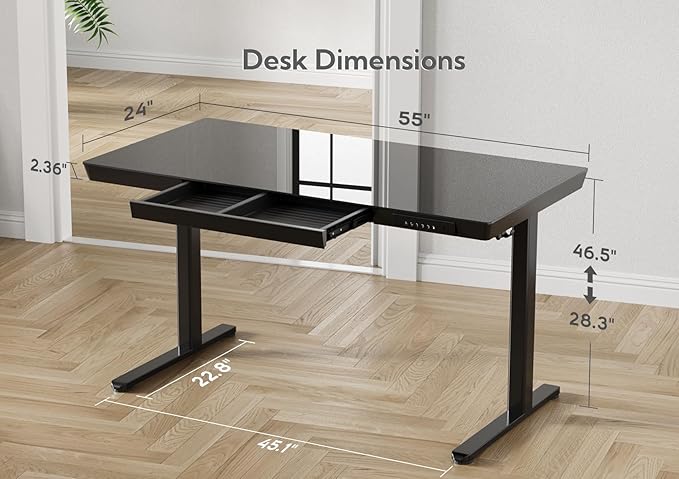 Claiks Glass Standing Desk with Drawers, 55 Inch Adjustable Stand Up Desk, Quick Install Home Office Computer Desk with USB Ports, Black