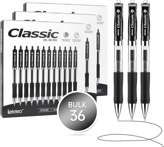 Lekreo Classic Retractable Gel Roller Pens, 0.7mm Fine Point Black Ink (Black - 36 Packs)