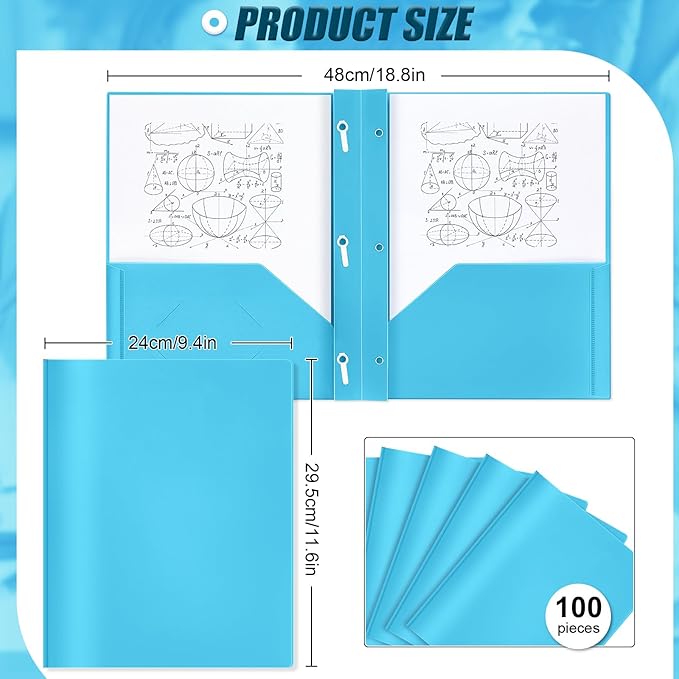 Lincia 100 Pcs Plastic Folders with Pockets and Prong Folders with Prongs 2 Pockets for Office, School for Students, Teachers, Office Workers(Light Blue)