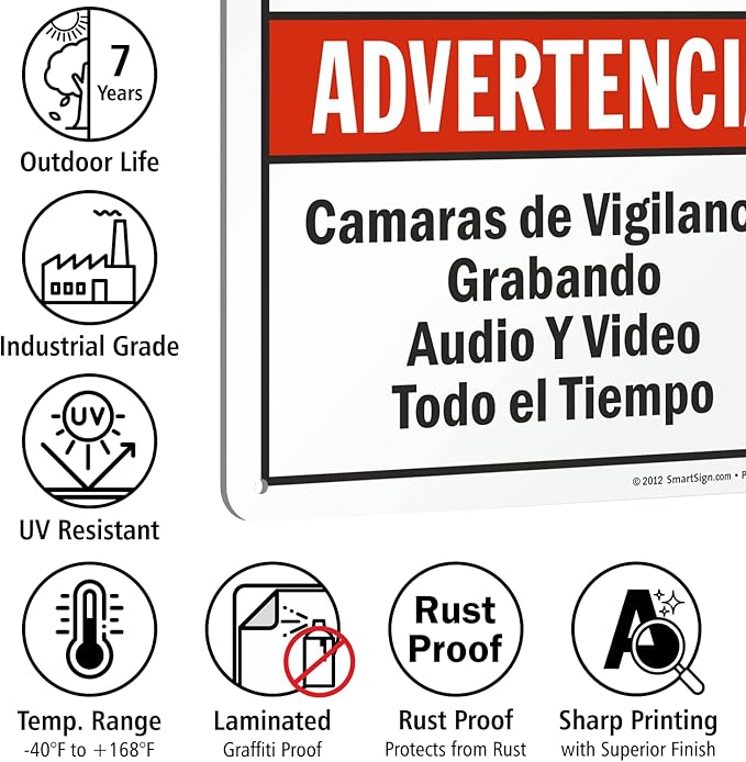 SmartSign 14 x 10 inch “Warning - Audio & Video Surveillance On Duty At All Times” Bilingual Sign, Digitally Printed, 55 mil HDPE Plastic, Red, Black and White, Made in USA