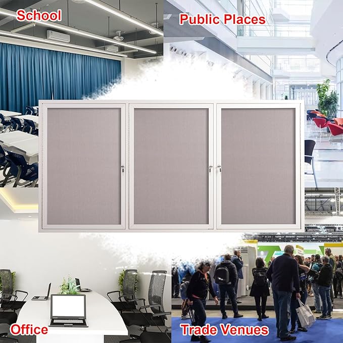 71x36 Inch Lockable Enclosed Bulletin Board, Weather-Resistant Outdoor Noticeboard with 2 Locking Doors, Wall-Mounted Silver Aluminum Frame & Grey Felt Presentation Board