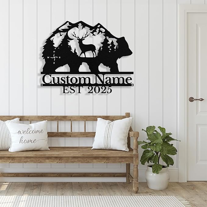 Custom Bear & Deer Metal Sign, Custom Bear Metal Wall Art Decor, Personalized Last Name Signs for Home, Rustic Farmhouse Black Wall Decor for Cabin, Bedroom, Living Room