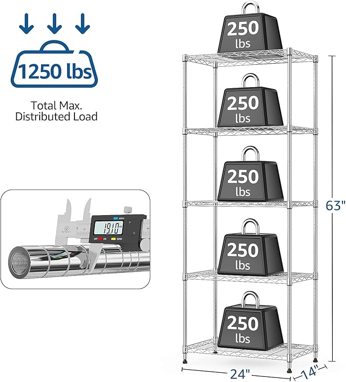 M MZG 1250 lbs 5 Tier Shelf Metal Storage Shelves Wire Rack Closet Organizers with Wheel for Garage Kitchen Bathroom Laundry Chrome 13.7" D x 23.6" W x 62.4" H