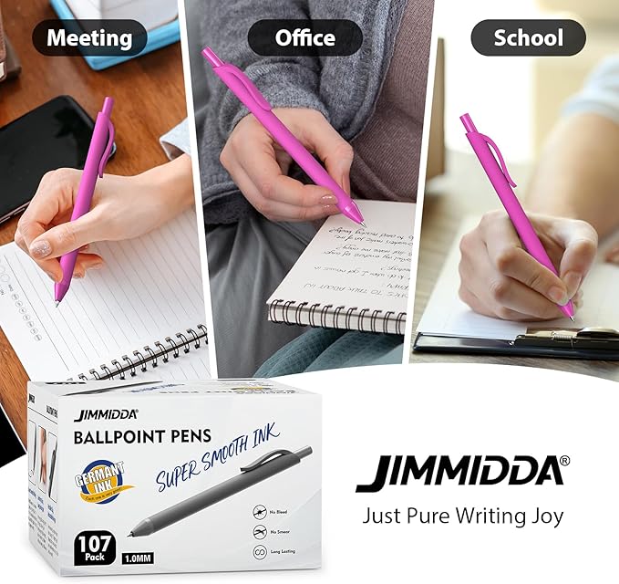 JIMMIDDA Ballpoint Pens Bulk - 107 Pcs Black Ink Pens in Bulk | 1.0 Medium Point Smooth Writing, Retractable No Bleed Ball Point Pen for Men Women (Pink Barrel)