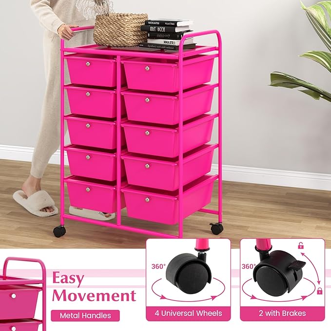 LDAILY 10 Drawer Rolling Cart, Storage Cart Organizer on Wheels, Drawer Cart with Metal Frame & Large Storage Capacity, Rolling Cart with Drawers for Living Room Classroom, Office
