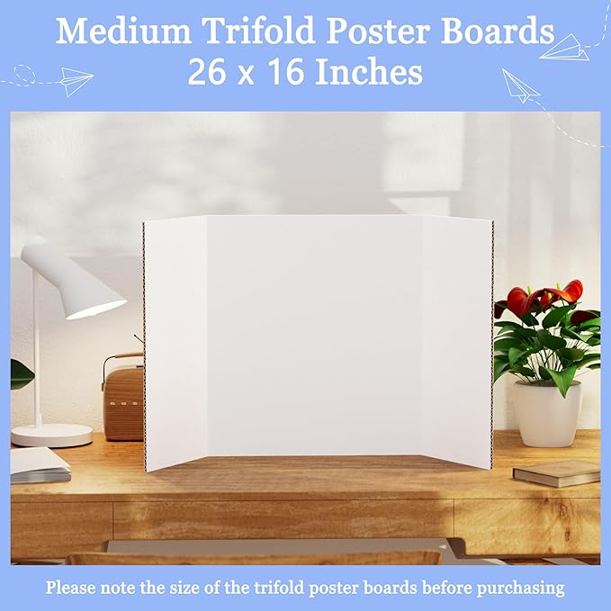AKONEGE 12 Pack Medium Trifold Poster Board, 26" x 16" White Corrugated Cardboard Tri Fold Poster Boards for Presentation, School Projects, Science Fair, Photo Display Exhibitions Event