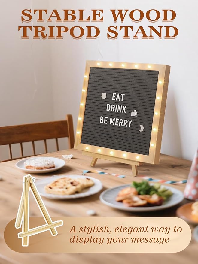 Changeable Felt Letter Board with LED Lights - 10×10" Message Custom Signs & Wood Stand & 450 Letters, Poster Board for Valentine's Day/Baby/Pregnancy Announcement/Classroom Wall Decor Gifts, Grey