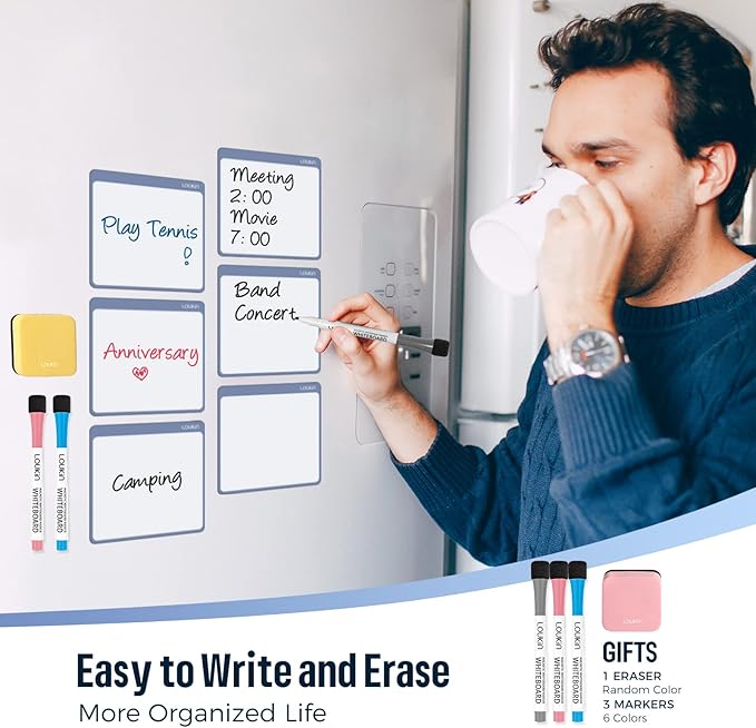 loukin Dry Erase Mini Note 6 Pack, Electrostatic Adsorption Whiteboard Sticker, 4"×4" Reusable notepads for Office, Classroom, Refrigerator, Clings Any Shiny Surface, 3 Color Markers & 1 Eraser