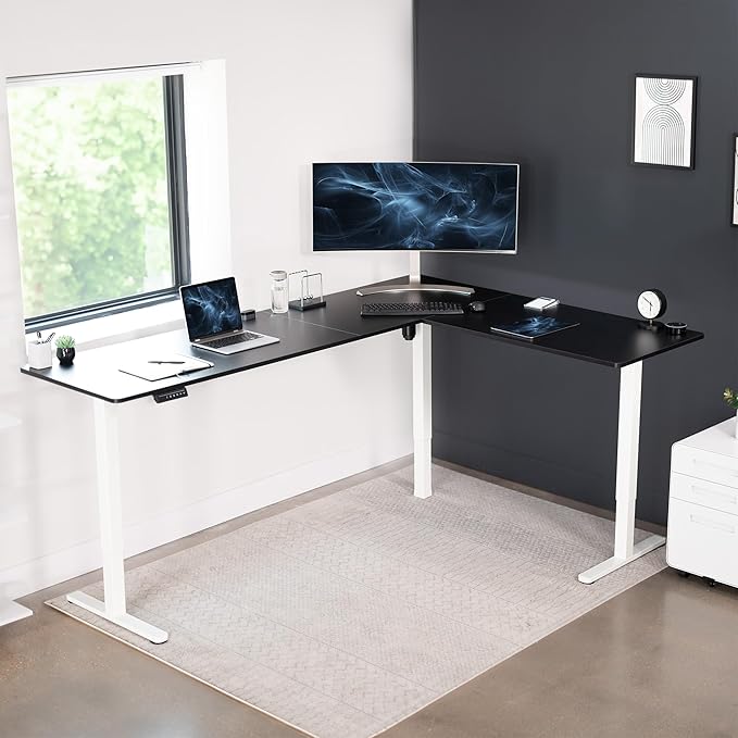 VIVO Electric Corner 84 x 63 inch L-Shaped Standing Desk, Memory Height Adjustment, Black Top White Frame, DESK-E3CTWB-84