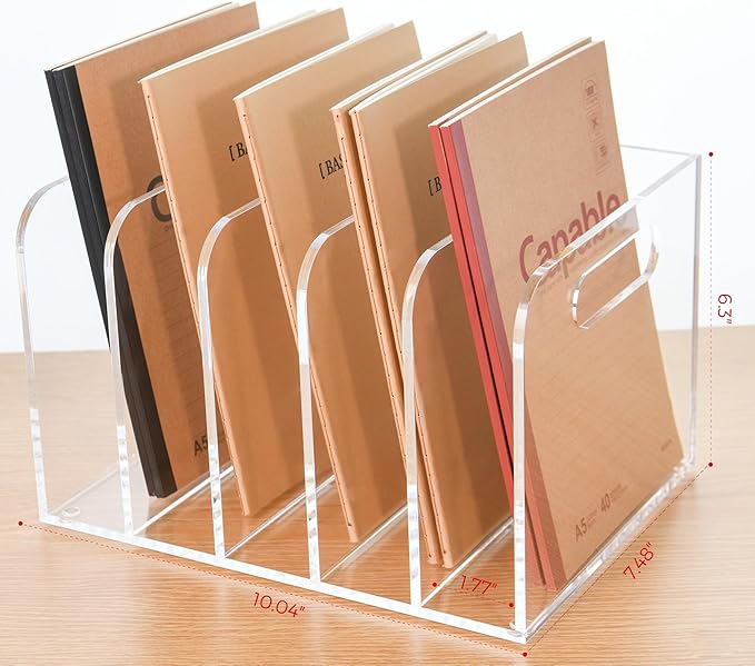 AIMOLLY Clear Acrylic Organizers - 5 Vertical Compartments Acrylic Folder Organizer & File Organizer, Desk Document Storage Bins for Magazines, Binders - Multipurpose Home Office Desk Organizer