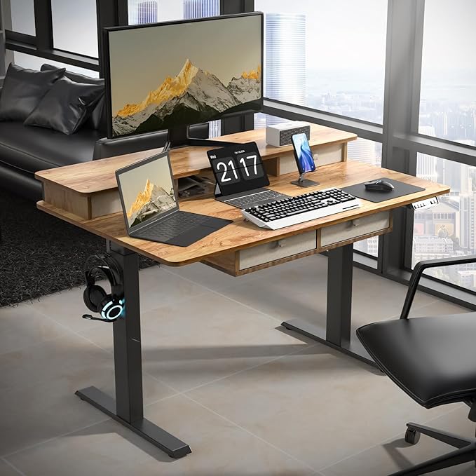 ExaDesk 48 * 30 Inches Electric Standing Widened Desk Adjustable Height with 4 Drawers, Double Storage Shelves Stand Up Desk, Home Office Workstation Sit Stand up Desk (Light Rustic Brown)