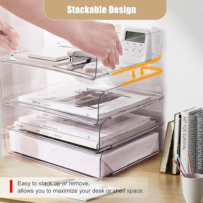 Clear Stackable Paper Trays 4 Pack, PET Letter Tray Desk Organizer, Desktop Organizers and Storage for Books, Magazines, Folders, A4 Size File Paper, Office Supplies