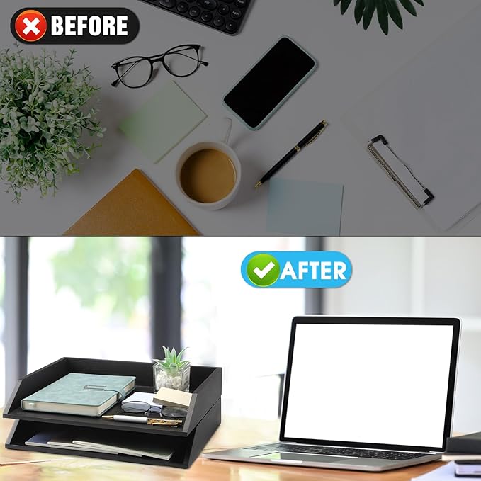 Beeveer 2 Pcs Wooden Letter Trays Wood Letter-Size Desk Organizer Heavy Duty 2 Tier Stackable Supports Paper Tray Desktop Drawer Organizer File Folder Magazine Office Accessories (Black)