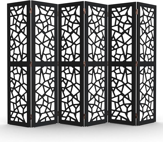 VINGLI 70'' H Room Divider, Non-Woven Fabric Privacy Screen, Indoor Partition Wall Dividers, Freestanding Hinged Space Separator with Modern Unique Pattern (Black, 6 Panel)