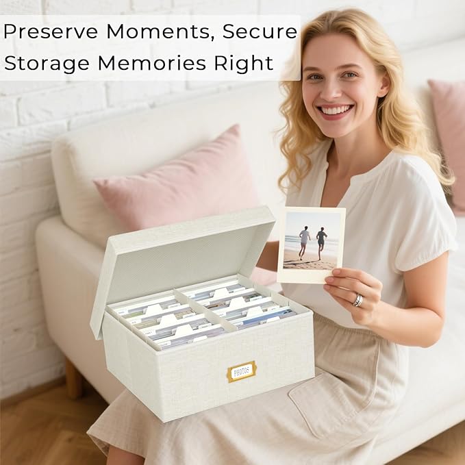 Decorative Photo Storage Box - 2 Pack Linen Photo Box Organizer with Dividers, Fits Holds Up to 1700 Pictures and 4x6 Photos, Memory Keepsake Organizer for Scrapbook Supplies, Cards, Stamps (Beige)