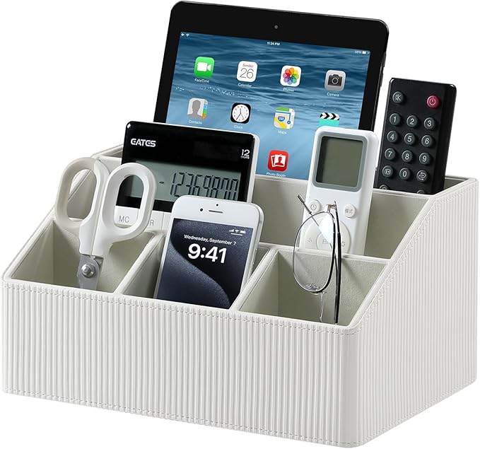 Cretkhp Remote Control Holder with 5 Compartments for Office Art Supplies, PU Leather Nightstand Organizer Pencil Pen Desk Caddy for Home, Desktop TV Remote Control Organizer Storage (Striped Ivory)