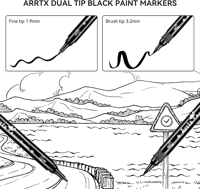 Arrtx Black Paint Pen 8 Pack Dual Tip, Black Acrylic Paint Graffiti Markers for Rock Painting, Paper, Wood, Ceramic, Fabric, Glass, Canvas, Plastic, Metal, Stone and DIY Crafts