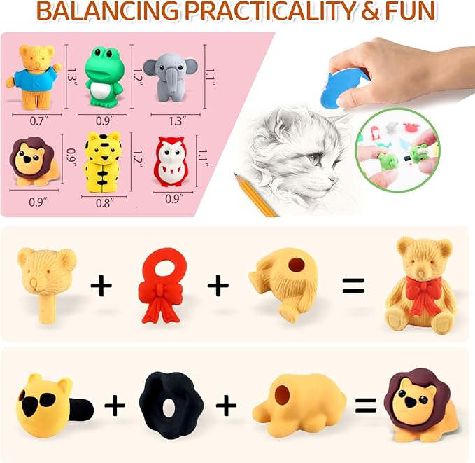 URSKYTOUS 60Pcs Animal Erasers Kids Desk Pets Pencil Erasers 3D Puzzle Bulk Mini Animal Eraser Toys Fun Cute Eraser for Classroom Rewards, Game Prizes, Treasure Box, Easter Egg Fillers