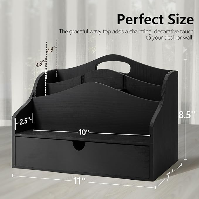 Rebee Vision Pine Wooden Mail Organizer for Desk - Modern Farmhouse Desk Organizer with Drawer & Dividers - 4-Slot Letter Sorter for Mail & Small Essentials - Office Organizer for Home Decor (Black)