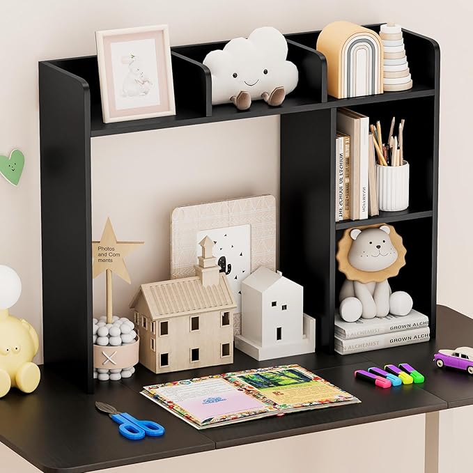 Tangkula Desktop Bookshelf, Countertop Storage Hutch with Shelves for Computer Desk, Desk 3-Tier Display Rack, Multipurpose Wood Desktop Hutch Storage Organizer for Dorm Office (Black,5 Shelves)