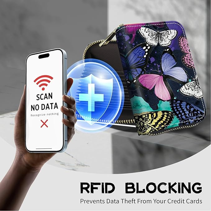 BWEGRHE Cute Credit Card Holder with Zipper, Color Butterfly RFID-Blocking Card Case Small Wallet for Women Men, Multi-slot Card Organizer Case Travel Accordion Wallet