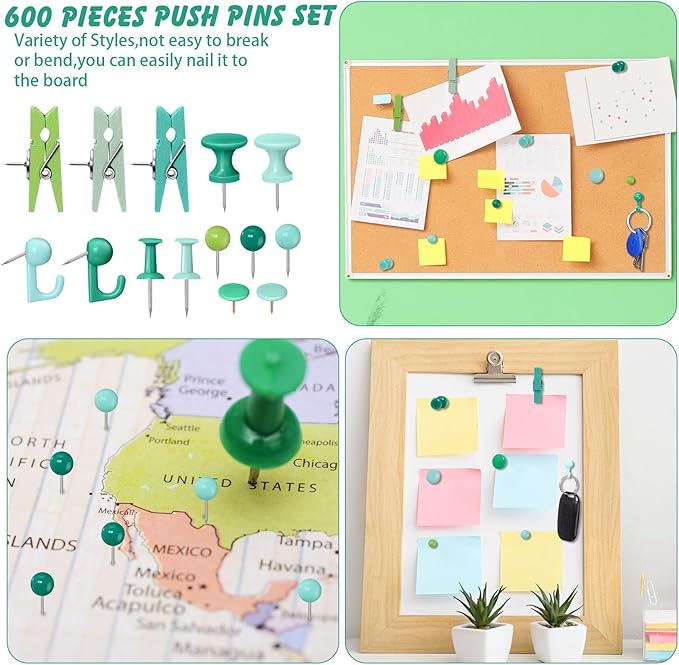 600 Pcs Decorative Push Pins, Plant Green Thumb Tacks 6 Types Cute Push Pin Clip for Bulletin Board Wall Cork Board Colorful Classroom Decor Teacher Must Haves Supplies School Crafts Project