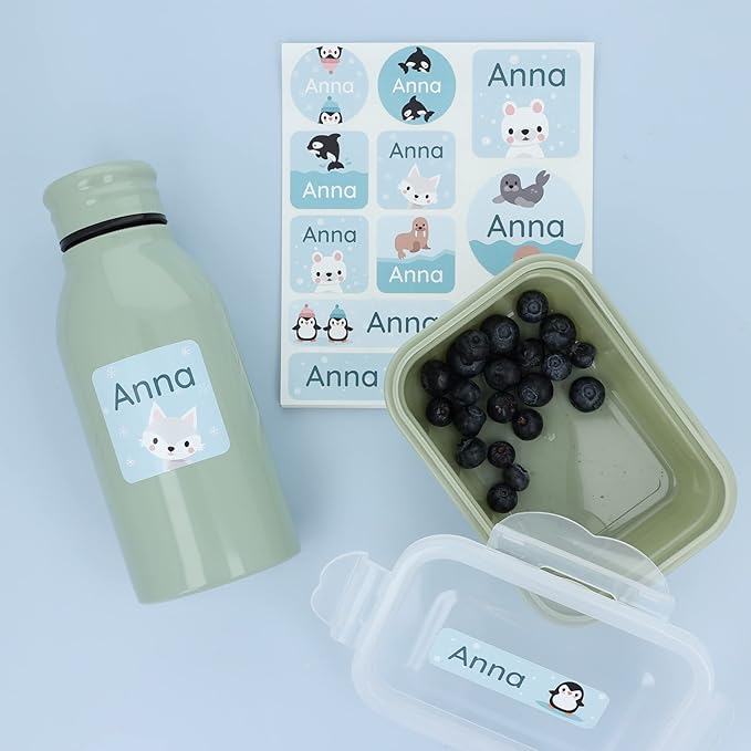 Large Name Labels for Kids (33) - Custom Stickers for Daycare and School Supplies - Durable, Waterproof Stickers for Water Bottles, Lunch Boxes, and More with Unique Designs - Arctic Animals