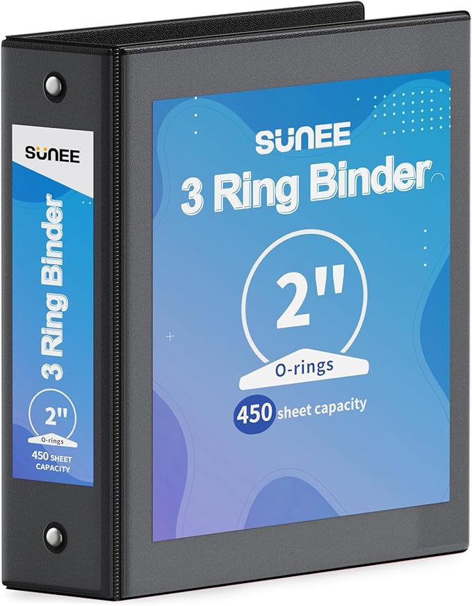 SUNEE 3 Ring Binder 2 Inch 1 Pack, Clear View Binder Three Ring PVC-Free (Fit 8.5x11 Inches) for School or Office Supplies, Black