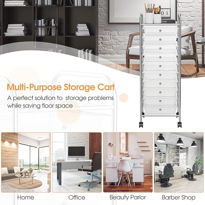 GLACER 10 Drawers Rolling Cart, Storage Cart with w/Removable Drawers & Steel Frame, Utility Mobile Trolley w/Universal Casters & 2 Brakes, Organizer Cart for Home, School, Office (Clear)