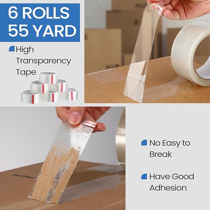 Dunzoom 6 Pack Packing Tape Dispenser Gun with 6 Roll 2 Inch 2.7 Mil Heavy Duty Packaging Tape Gun for Packing Boxes Moving