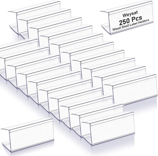 Weysat 250 Pcs Wood Shelf Label Holders Clear Plastic Price Tag 2.4 in L x 1 in H for Bookshelf Shelves, Wood Shelf Sign and Ticket Holder, Clips On to Shelves 3/4" to 1" Thick