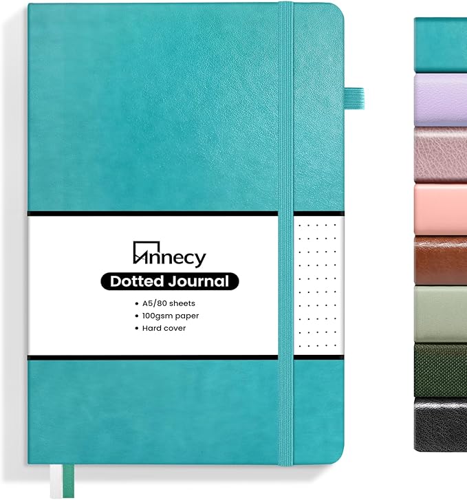 Annecy Numbered Bullet Dotted Journal Notebook, Medium 5.5x 8.25, 160 Pages 100GSM Writing Paper, A5 Turquoise Faux Leather Cover with Pen Loop