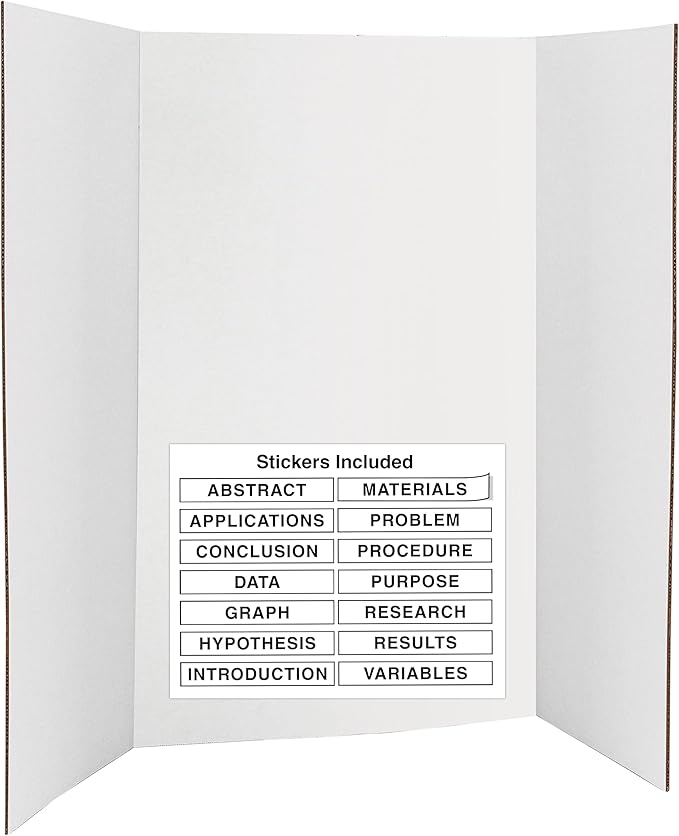 Trifold Poster Board 36" x 48" White Presentation Board - Self-Adhesive Science Subtitles Included - Science Fair Display Boards, for School, Fun Projects and Business Presentations - by Emraw