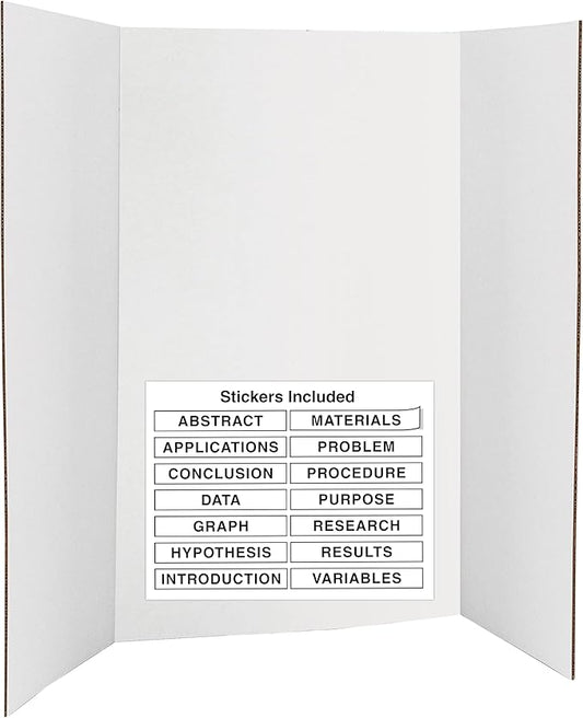 Trifold Poster Board 36" x 48" White Presentation Board - Self-Adhesive Science Subtitles Included - Science Fair Display Boards, for School, Fun Projects and Business Presentations - by Emraw
