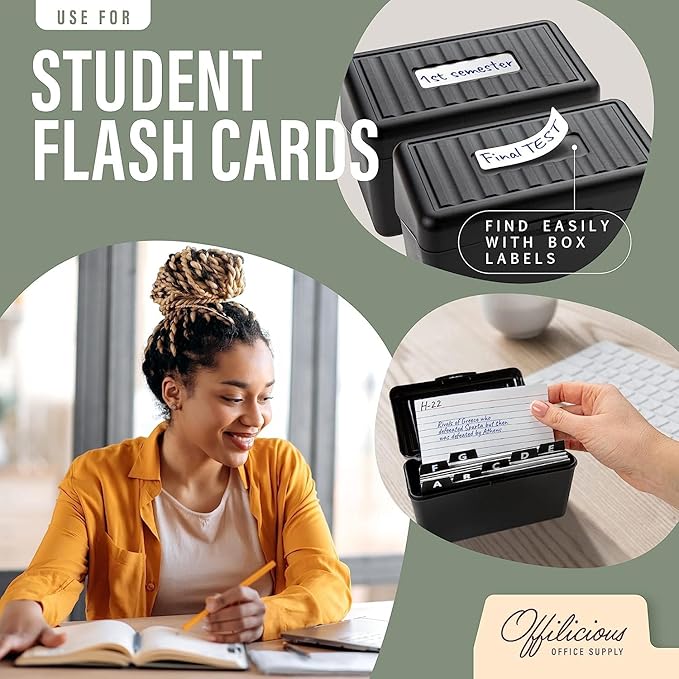 OFFILICIOUS Business Card Organizer 3x5 - Premium Index Card Holder Box for Flashcards, Notecards, Recipes - Recipe Box with Cards & Dividers, Labels, Stickers