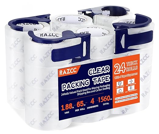 RAZCC Packing Tape, 24 Rolls Clear Heavy Duty Packaging Tape with Dispensers for Packing Shipping Moving Mailing, Thicker Sealing Tape -1.88" x 65 Yards Per Roll, 1560 Total Yards