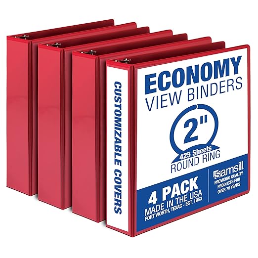 Samsill 2 Inch 3 Ring Binders, Made in USA, Economy Round Ring, Clear View Cover, 425 Sheet Capacity - for School, Home, Office - Red, 4 Pack