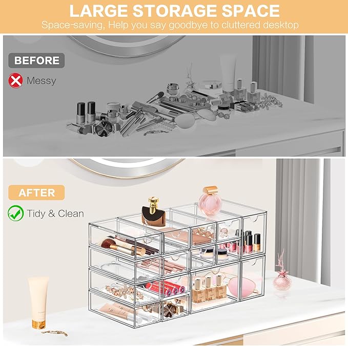 Desk Organizer with 7 Drawers, FODIENS 7 Packs Acrylic Stackable Desktop Storage Drawers Makeup Organizer, Clear Craft Storage Box Cabinets for Office Vanity Countertop Bathroom Bedroom
