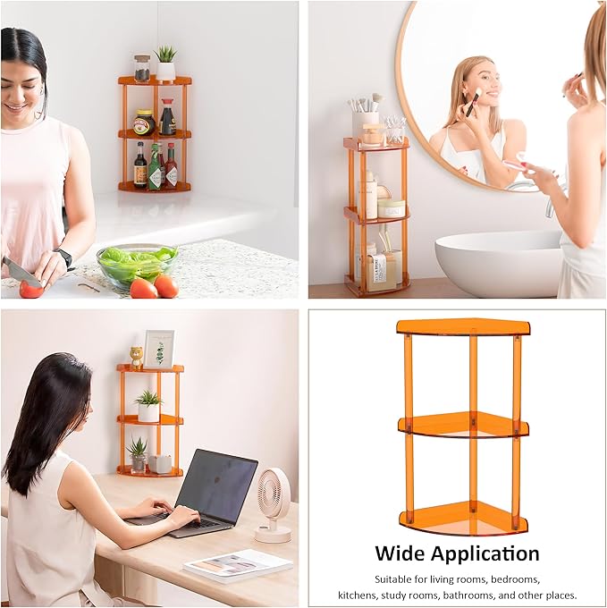Sezanrpt 3 Tier Countertop Corner Organizer Shelf 7x7x15.7 Inch, Orange Countertop Acrylic Bathroom Corner Shelf, Vanity Storage Organizer for Cosmetics, Toiletries