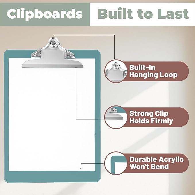Plastic Clipboards with Butterfly Clip (Set of 6) 12.5 x 9 Inch Plastic Clip Boards Bulk - Clipboards Bulk Classroom Holds 100 Sheets, Acrylic Clipboard - 6 Pack, Boho Colors