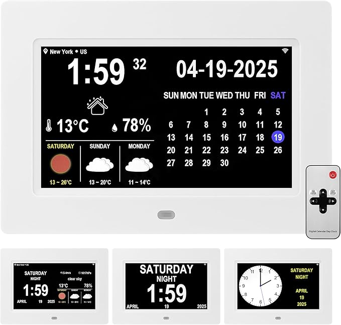 Memwake Digital Alarm Clock, Multiple Alarm Functions, Clock with Date and Day, Digital Alarm and Electronic Calendar for Seniors (White, 7 inch) (7-inch White WiFi)
