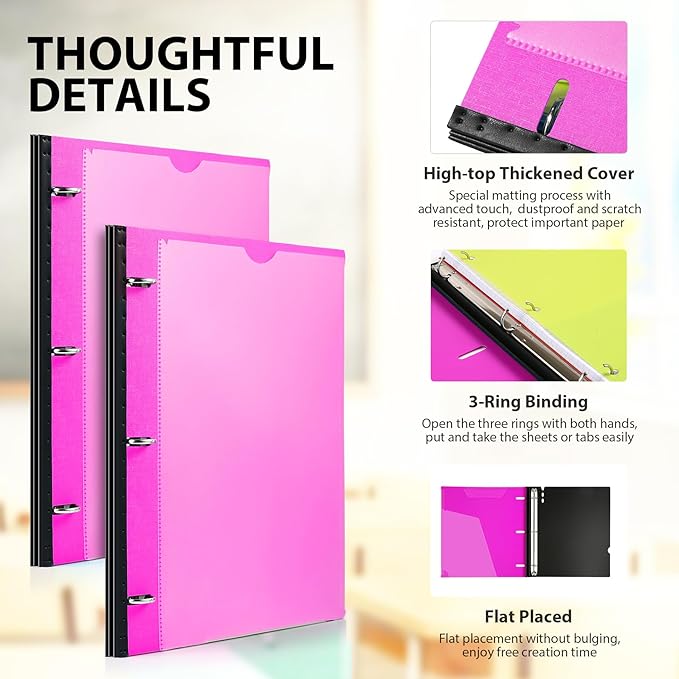 MAKHISTORY Telescoping 3 Ring Binder-12PCS, Flexible Binder with Customized Front Cover+Clear Catalog Pocket+3 Round Rings, Flat Writing Binder, 4 Bright Colors