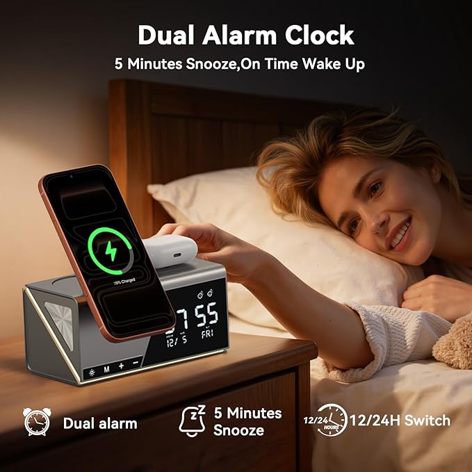 4URPC 6-in-1 Alarm Clock Wireless Charging Station for Apple Multiple Devices,MagSafe Charging Dock for iPhone 17/16/15/14/13 Series, Apple Watch, AirPods,Wireless Charger with Night Light/Alarm Clock
