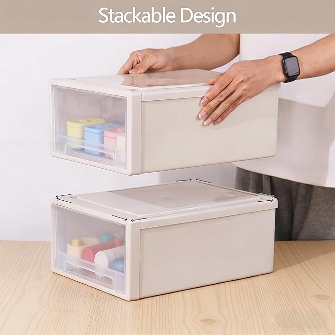 Buyitt 4-Pack 19 Quart Stacking Drawer, Clear Storage Closet Organizer, Yellow Frame, Stackable Modular Plastic Drawers for Clothes, Accessories, Craft Supplies, Shoes or Linens