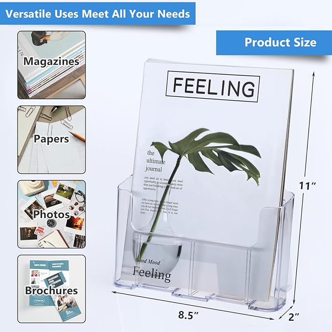 Argvey Acrylic Brochure Holder 8.5 x 11 inches, 2 Pack Clear Brochure Display Stand with Removable Divider for Trifold 4 Inches Wide Pamphlet, Plastic Flyer Holder for Magazine, Literature, Booklet