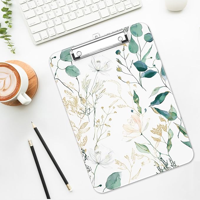 Luminzo Plastic Cute Clipboard Low-Profile Metal Clip, A4 Letter Size 9 x 12.5 in, 8.5 x 11 Paper Clip Board for Teachers, Nurses, Classroom,Fresh Greenery